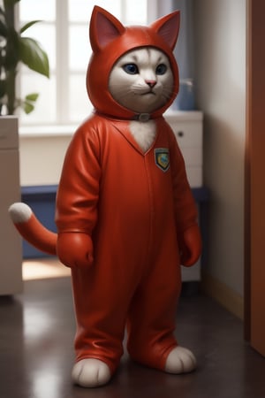 1person, realistic, costume, mascot, person in animal costume, cartoon character, cartoon cat, cat girl, realistic photo, realistic fur, children's games in the background, kindergarten, full body,