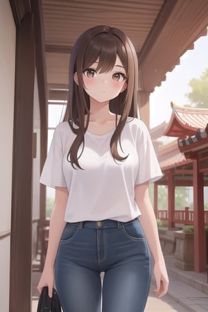 A beautiful girl with long  brown hair and brown eyes, wearing casual jeans and a white T-shirt, holding a camera, wandered around the Chinese palace, capturing the beauty and sacredness of ancient buildings.