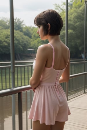 ((masterpiece, best quality, official art, hdr, high contrast, view from the back)), 1girl, solo, tiny girl, short, thin, short hair, tight clothes, pink summer dress, zoo, stand back, lean on the railing, look at animal enclosure,REALISTIC