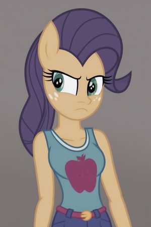 more human, 1girl, mlp, rarity, purple hair, whitr fur, standing, grumpy, front view, ((background is empty room without end)).