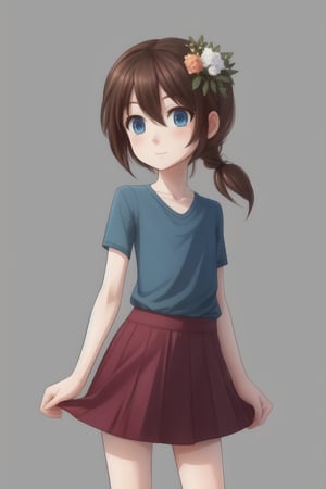 1girl, human, solo, gray plain background, kid, pale skin, brown hair, two ponytails, blue eyes, body focus, ((skinny, unhealthily slim)), big clothes, too loose clothes, too big skirt, huge blue shirt, two white flowers in her hair,