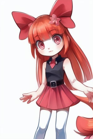 (Blossom:1.5), orange hair, blunt bangs, straight hair, pink eyes:1.2), (hair bow, red bow, sleeveless pink dress, simple black belt, white thighhighs:1.2), (white background, plain background), 