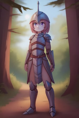 1girl, middle ages, metal armor, knight, knight armor, full knight armor, metal from head to toe, female knight, no helmet, long brown hair, beautiful face, young face, slim, beautiful purple eyes, forest in the background, stand clearing road,