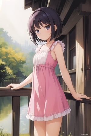 ((masterpiece, best quality, official art, hdr, high contrast)), 1girl, solo, tiny girl, short, thin, short hair, tight clothes, pink summer dress, zoo, stand back, lean on the railing, look at animal enclosure