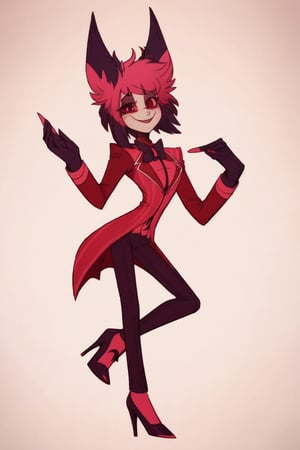 ((masterpiece, best quality)), 1boy, lucifer, full suit, cheeks, smile, thin, high heels, gloves, top hat, full body