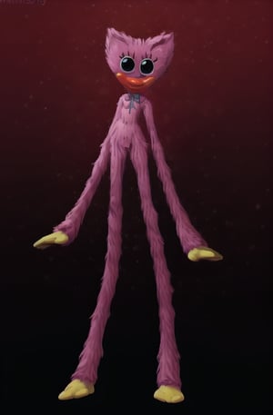 kissymissy, 1girl, tall, skinny, furry, fur, pink fur, yellow hands, yellow feet, long arms, long legs, ((simple art background)), smile, happy, looking at viewer, big lips, red lips, black eyes, big eyes, cute, horror game