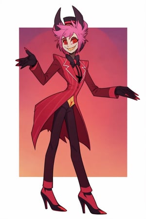 ((masterpiece, best quality)), 1boy, lucifer, full suit, cheeks, smile, thin, high heels, gloves, top hat, full body, standing