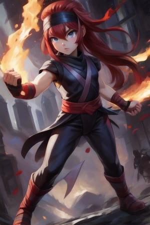 A 4K masterpiece captures a young girl, no more than 14 years old, dressed in a sleek and agile ninja warrior costume. Her slender legs are wrapped in tight black pants, with a dark grey bandana tied around her forehead. A red-haired bangs frames her fully-covered face, only the protruding locks visible. She stands in a dynamic fighting pose, her entire body tense and ready for battle, fully clothed in a dark outfit with a ninja headband.