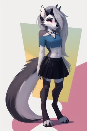 1girl, loona, hellhound, furry, standing, short girl, skinny, ((extreme skinny)), full body, body focus, pink_skirt, thight_shorts_under_skirt, green_tube_top, plain colorful background 