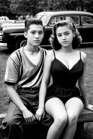 masterpiece, best quality, high detailed, park, ((old photo, photo from the 1950s, old style)), photo of a young girl and her boyfriend, ((teenagers, 16 years old couple)), girl sitting on a chair, boy standing and he holds his hand on the girl's shoulder, they look at the camera, ((gigantic size of breasts, cleavage, too large breasts))