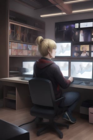 human, Depressive Machines, 1girl, green lighting, televisions everywhere, cables everywhere, naruko_jutsu_sexy, blonde hair