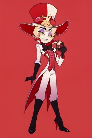 ((masterpiece, best quality)), 1boy, lucifer, full suit, cheeks, smile, thin, high heels, gloves, top hat, full body