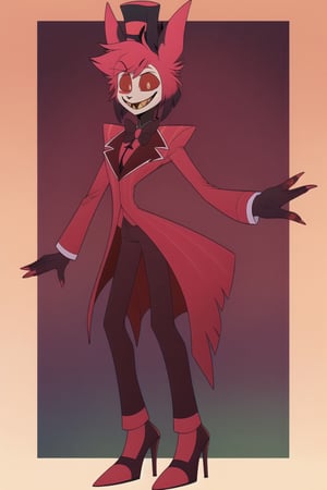 ((masterpiece, best quality)), 1boy, lucifer, full suit, cheeks, smile, thin, high heels, gloves, top hat, full body