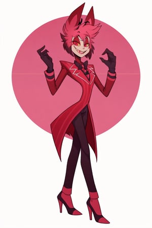 ((masterpiece, best quality)), 1boy, alastor, full suit, cheeks, smile, thin, high heels, gloves, top hat, full body