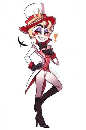 ((masterpiece, best quality)), 1boy, lucifer, full suit, cheeks, smile, thin, high heels, gloves, top hat, full body