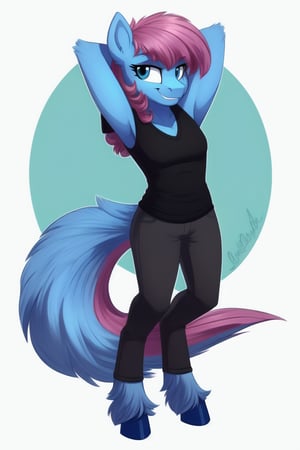 1girl, mlp, anthro pony, furry, blue fur, pink hair, bangs, straight hair, long tail, fluffy curly tail, stand, hooves, proud expression, smirk, hands behind the head, full body, ((extreme skinny, unhealthy skinny)),