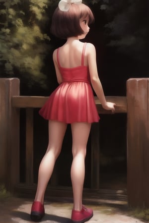 ((masterpiece, best quality, official art, hdr, high contrast, view from the back)), 1girl, solo, tiny girl, short, thin, short hair, tight clothes, pink summer dress, zoo, stand back, lean on the railing, look at animal enclosure,