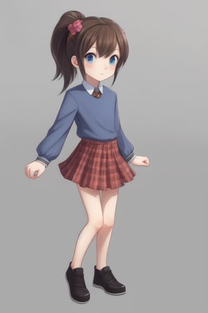 1girl, human, solo, gray plain background, kid, pale skin, brown hair, two ponytails, blue eyes, full body, ((skinny, unhealthily slim)), ((big clothes, loose clothes)), skirt and blue shirt, two white flowers in her hair,