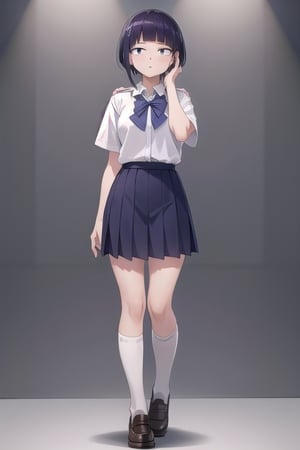 masterpiece, best quality, 1girl, solo, jirou_kyouka, long earlobes, full body, school uniform, standing straight, classrom, dark short hair, nervous