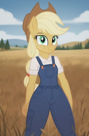 1girl, solo, mlp, my little pony, apple jack, mlpapplejack, masterpiece, standing, wheat field in the background,

((extreme skinny, unhealthy thin, no thights)),
dressed in overalls,