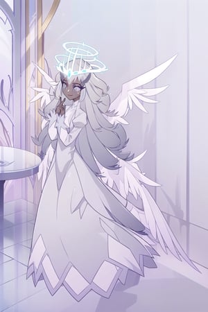 ((masterpiece, best quality, 1girl, solo)), angel, dark skin, grey skin, halo, glowing halo, full body, standing, dark eyes, dark thick eyelashes, long dress, dress, gradient hair, grey hair, smile, happy, face dots, covered neck, sera, wings, multiple wings,