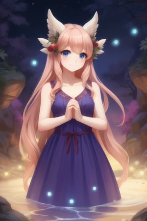 A delightful humanoid figure stands before you, resembling a 20-year-old girl with an irresistibly cute face. Her expression radiates warmth and innocence, with a gentle smile that lights up her surroundings. She has an enchanting number of delicate, graceful arms that seem to float effortlessly from her torso, each one adorned with soft, glowing skin. Her complexion is smooth and flawless, exuding a sweet, floral fragrance. Her hair cascades in silky, shimmering waves, sparkling with a touch of magic. Despite her otherworldly appearance, her entire being is an embodiment of pure, heartwarming charm. One of her many arms is extended toward you, as if offering a gentle embrace. The full beauty of her enchanting, ethereal form is clearly visible, emphasizing the magical and adorable nature that she exudes.
