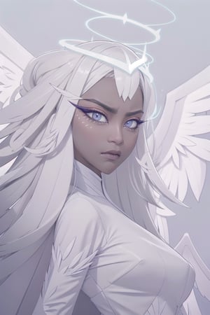 1girl, solo, long hair, closed mouth, upper body, white hair, wings, dark skin, makeup, frown, halo, eyeshadow, angel wings, angel, sera, long face, sharp jaw, gray sclera, white iris, black pupil