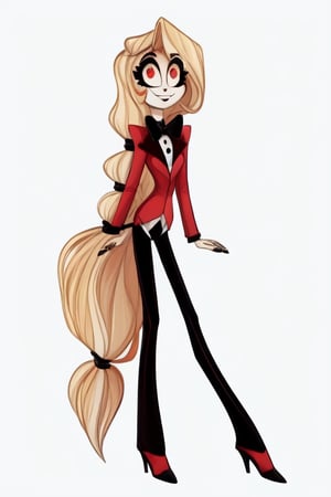 charlie morningstar, masterpiece, best quality, ((very skinny, thin)), girl, ((white plain background)), full body, ((very tall, long legs)), narrow waist, white skin, blonde hair, demon, yellow eyes, red pupils, (red circles on the cheeks), thick makeup, long arms, red jacket, burgundy pants, sharp black and white heels, bow tie, (white shirt under the jacket), (a dot as a nose), black nails, long sleeves, smiling, cheerful, bangs, tied up hair, long hair