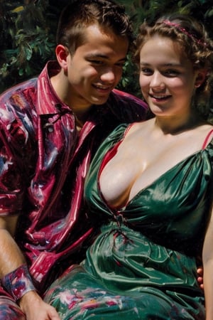 masterpiece, best quality, high detailed, park, ((old photo, photo from the 1950s, old style)), photo of a young girl and her boyfriend, ((teenagers, 16 years old couple)), loking at camera, sitting, very formal photo, formal clothes, ((gigantic size of breasts, cleavage, too large breasts, largest breasts at world)), ((painting, oil paint)), big_natural_breasts