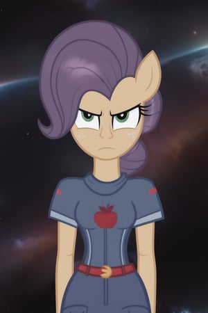 more human, 1girl, mlp, rarity, purple hair, whitr fur, standing, grumpy, front view, ((background is empty space without end, huge space)).