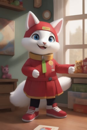 A young woman dressed as a cartoon cat, with vibrant, realistic fur and a playful expression, stands full-body in a colorful kindergarten setting. She wears a matching mascot costume, complete with a fluffy tail and oversized collar. In the background, children enthusiastically play with toys and games, adding to the lively atmosphere. Soft, natural lighting illuminates the scene, with gentle shadows accentuating the subject's features.