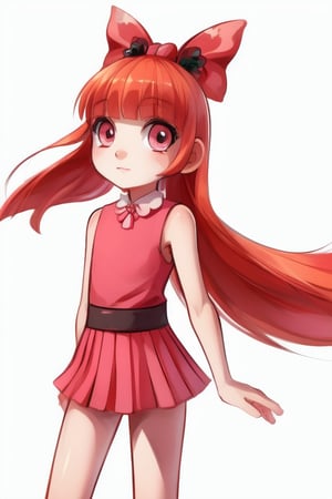 1girl, human, (blossom:1.5), orange hair, blunt bangs, straight hair, pink eyes:1.2), (hair bow, red bow, sleeveless pink dress, white thighhighs:1.2), (white background, plain background), ((skinny, young)),