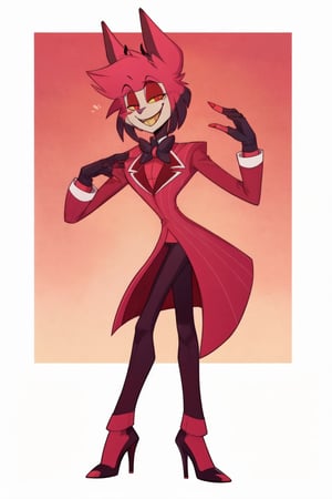 ((masterpiece, best quality)), 1boy, alastor, full suit, cheeks, smile, thin, high heels, gloves, top hat, full body
