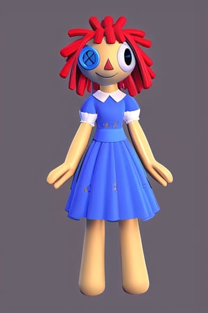 (Ragatha), masterpiece, best quality, ((High detailed)), color magic, saturated colors, ((white plain background)), full body, doll, red hair, pasta hair, curls, triangle nose, button as an eye, blue button, missing left eye, button as left eye, missing feet, dress, blue dress, sewn dress, many patches on the dress, smiling
