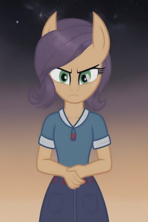 more human, 1girl, mlp, rarity, purple hair, whitr fur, standing, grumpy, front view, ((background is empty space without end)).