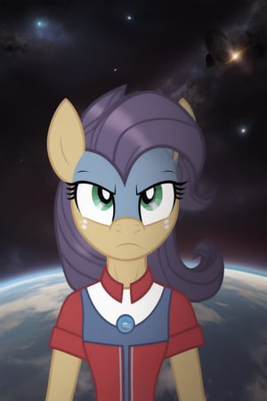 1girl, mlp, rarity, purple hair, whitr fur, standing, grumpy, front view, ((background is empty space without end, huge space)).