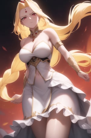 A regal warrior princess stands tall in a bold, blank background, her vibrant blonde locks cascading down her back in a single braid. Her pale skin and striking bangs frame her serene expression, as her glowing red eyes seem to pierce through the darkness. A strong jawline and prominent forehead reflect her courageous spirit.