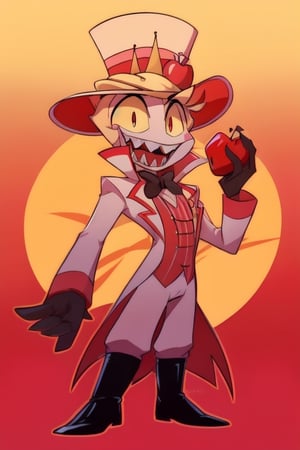 ((masterpiece, best quality)), 1boy, demon, king, lucifer, white skin, white and red suit, yellow sclera, red iris, formal suit, top hat, apple, short king, standing, (simple background), happy, wide smile, sharp teeth, striped waistcoat, black high boots, black gloves, holding duck, duck in hand,