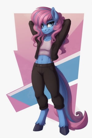 1girl, mlp, anthro pony, furry, blue fur, pink hair, bangs, straight hair, long tail, fluffy curly tail, stand, hooves, proud expression, smirk, hands behind the head, 