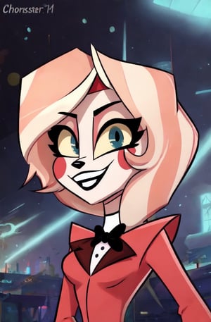 ((masterpiece, best quality, very detailed)), 1girl, charlie morningstar, smile, looking at viewer, red suit, vivziepop style, ((pilot episode)),