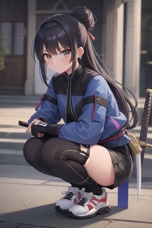 masterpiece, best quality,
1girl, solo, sword, weapon, jewelry, sneakers, black hair, shoes, squatting, sheath, katana, hair bun, jacket, blurry, holding, ring, pants, earrings, long sleeves, holding weapon, black shorts, blue jacket, holding sword, single hair bun, sheathed, blurry background, bag, depth of field, closed mouth, full body, fingerless gloves, long hair, gloves, bangs, brown eyes, sidelocks,
z1l4, Samurai girl,