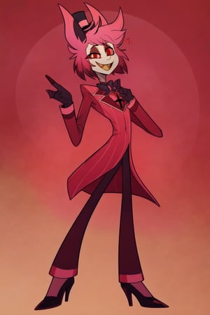 ((masterpiece, best quality)), 1boy, lucifer, full suit, cheeks, smile, thin, high heels, gloves, top hat, full body