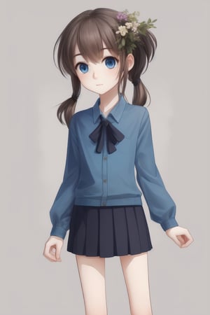 1girl, human, solo, gray plain background, kid, pale skin, brown hair, two ponytails, blue eyes, full body, ((skinny, unhealthily slim)), ((loose clothes, big clothes1.6)), skirt and blue shirt, two white flowers in her hair,