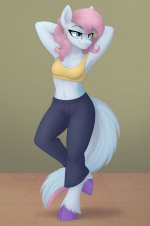 1girl, mlp, anthro pony, furry, blue fur, pink hair, bangs, straight hair, long tail, fluffy curly tail, stand, hooves, proud expression, smirk, hands behind the head, full body, ((extreme skinny, unhealthy skinny)),