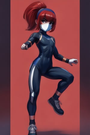 A 4K masterpiece featuring a young girl with striking red hair and bangs, wearing a sleek ninja warrior costume. She stands tall, her slender legs flexed in a powerful fighting stance, fully covered face hidden beneath a dark-colored mask. A bandana wraps around her forehead, complementing the ninja headband. Tight, dark clothing hugs her physique, showcasing her athletic build. Protruding hair escapes from under the mask, adding an air of mystery to this dynamic pose.