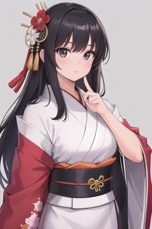 1girl, solo, long hair, looking at viewer, bangs, black hair, hair ornament, closed mouth, upper body, japanese clothes, hair flower, kimono, grey background, black eyes, lips, sash, realistic, ,Sexy Pose