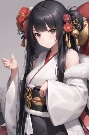 1girl, solo, long hair, looking at viewer, bangs, black hair, hair ornament, closed mouth, upper body, japanese clothes, hair flower, kimono, grey background, black eyes, lips, sash, realistic, ,Sexy Pose