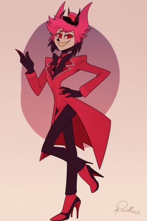 ((masterpiece, best quality)), 1boy, lucifer, full suit, cheeks, smile, thin, high heels, gloves, top hat, full body