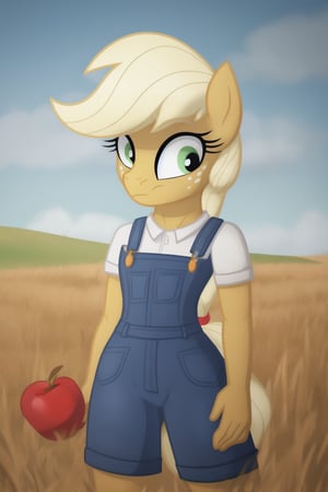 1girl, solo, mlp, my little pony, apple jack, mlpapplejack, masterpiece, standing, wheat field in the background,

((extreme skinny, unhealthy thin, no thights)),
wearing overalls,