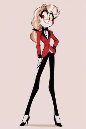 charlie morningstar, masterpiece, best quality, ((very skinny, thin)), girl, ((white plain background)), full body, ((very tall, long legs)), narrow waist, white skin, blonde hair, demon, yellow eyes, red pupils, (red circles on the cheeks), thick makeup, long arms, red jacket, burgundy pants, sharp black and white heels, bow tie, (white shirt under the jacket), (a dot as a nose), black nails, long sleeves, smiling, cheerful, bangs, tied up hair, long hair